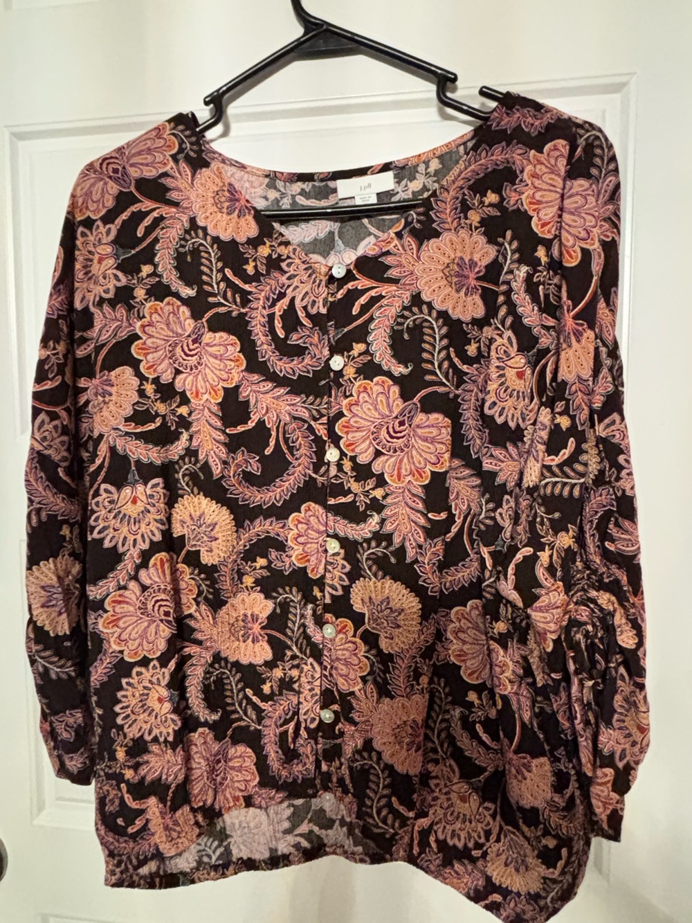 J. Jill Women's Floral Button-Front Blouse - Black and Pink medium petite